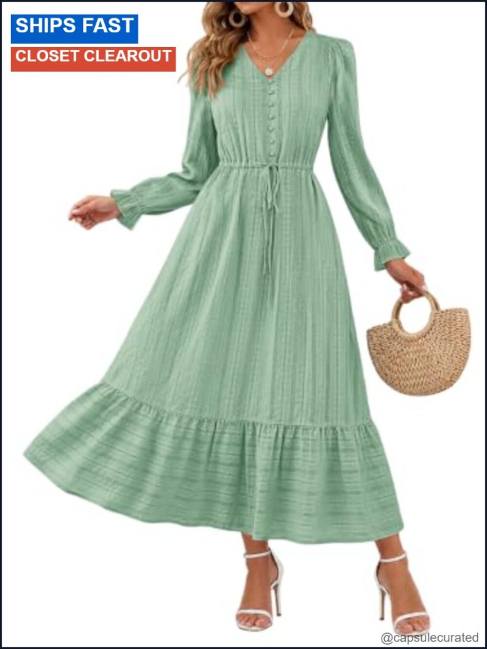 Lazysmile Women's Long Sleeve Midi Dress Boho Flowy A-Line with Pockets